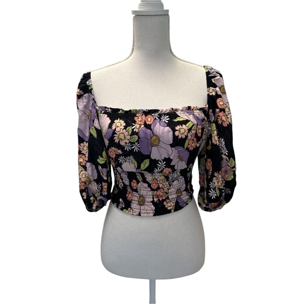 AFRM Floral Square Neck Smocked Crop Top Multicolor XS NWT